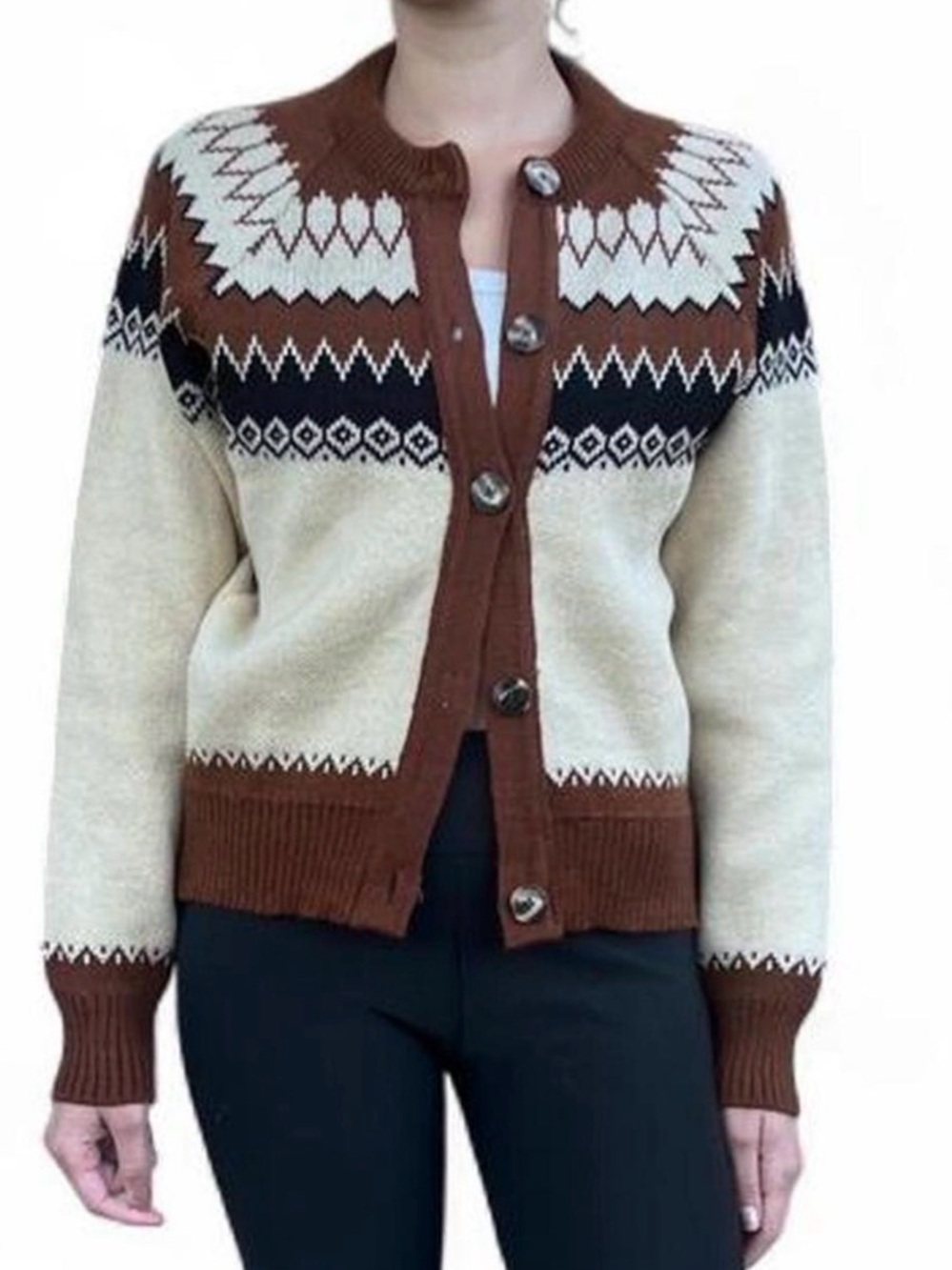 Vintage Fair Isle Knit Cardigan Brown Cream Nordic Sweater NWT